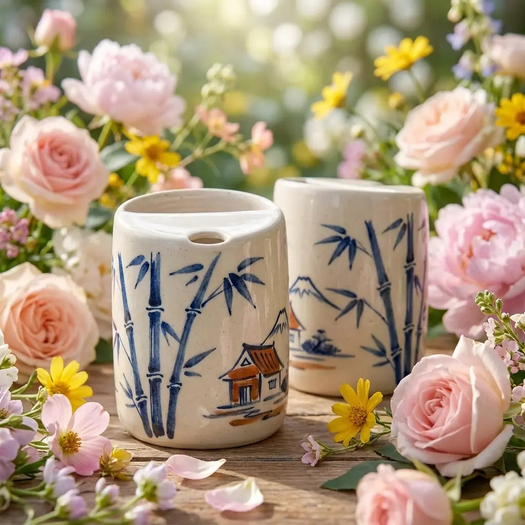 Japanese Village Bamboo Ceramic Mug Set | Handmade Asian-Inspired Tea & Coffee Cups Siporia