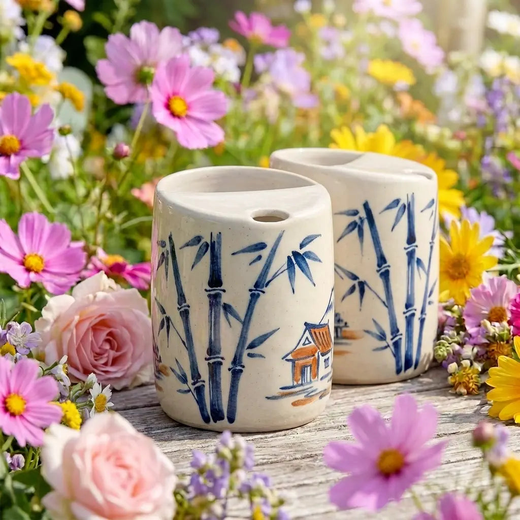 Japanese Village Bamboo Ceramic Mug Set | Handmade Asian-Inspired Tea & Coffee Cups Siporia