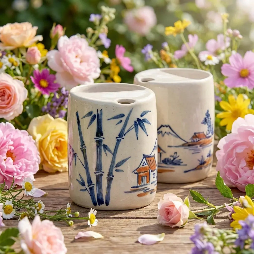 Japanese Village Bamboo Ceramic Mug Set | Handmade Asian-Inspired Tea & Coffee Cups Siporia