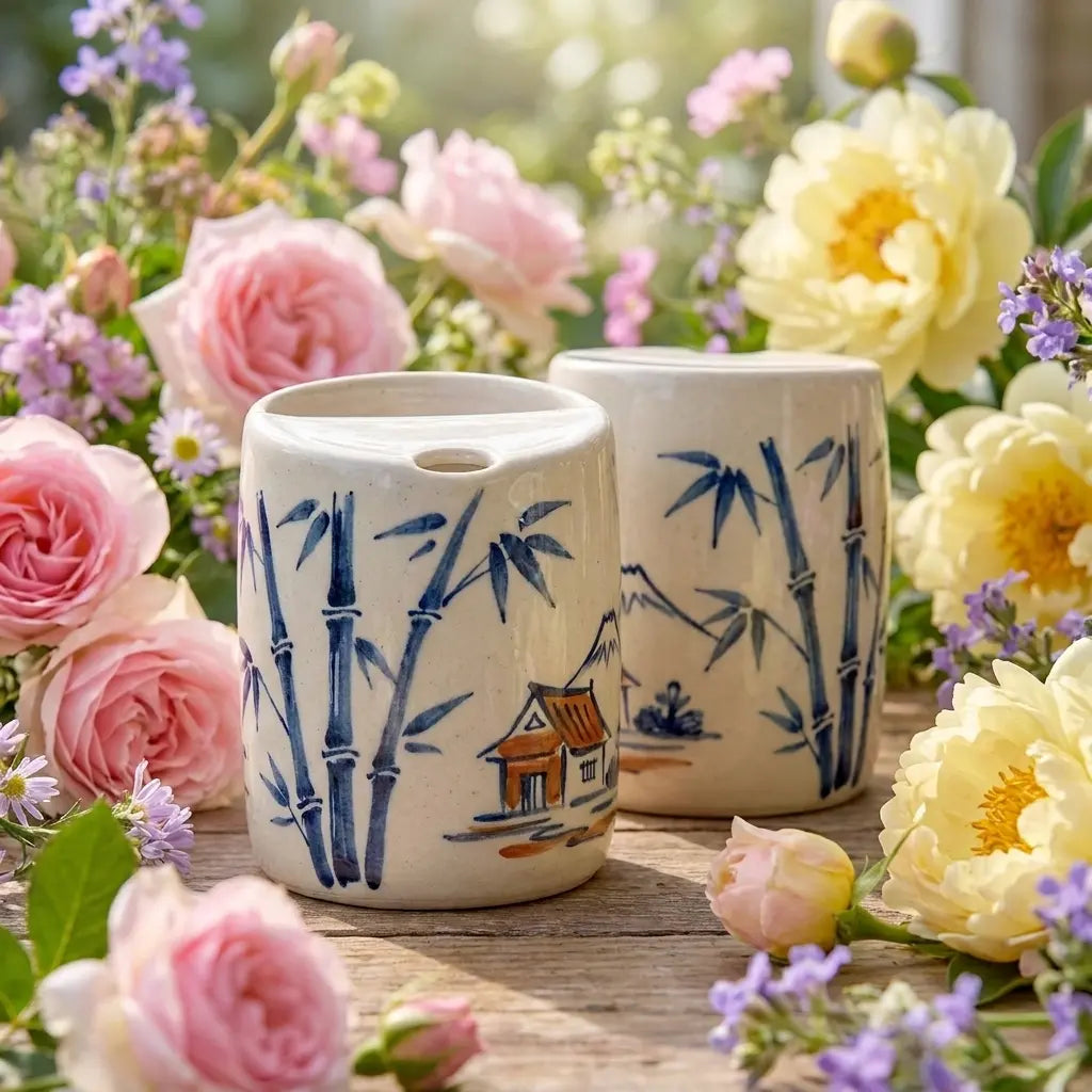 Japanese Village Bamboo Ceramic Mug Set | Handmade Asian-Inspired Tea & Coffee Cups Siporia