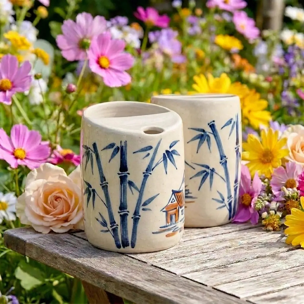 Japanese Village Bamboo Ceramic Mug Set | Handmade Asian-Inspired Tea & Coffee Cups Siporia
