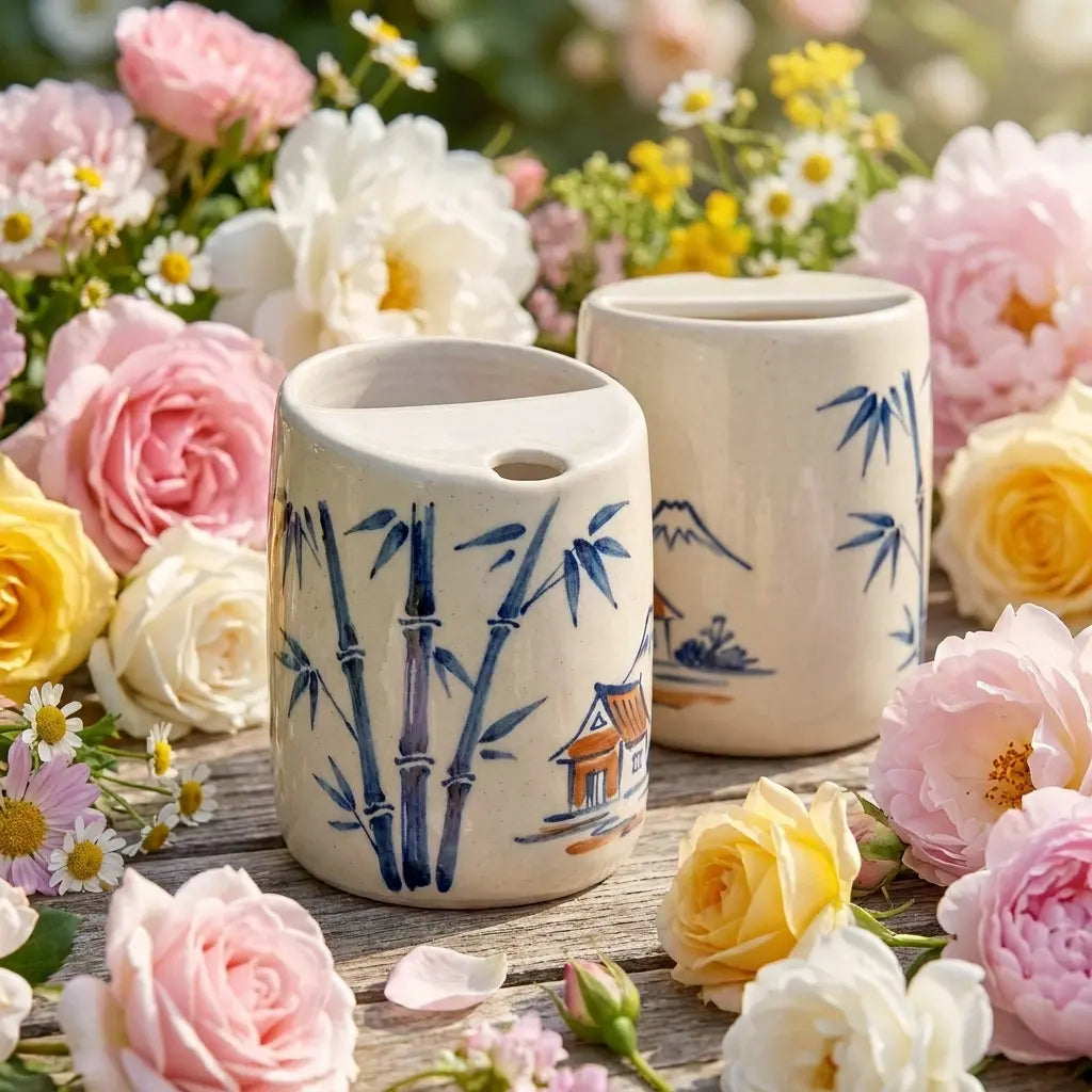 Japanese Village Bamboo Ceramic Mug Set | Handmade Asian-Inspired Tea & Coffee Cups Siporia