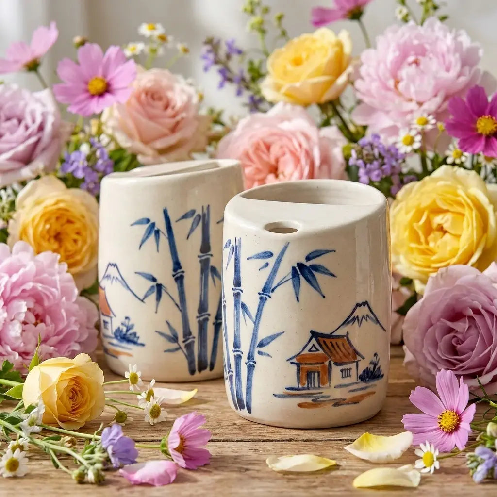 Japanese Village Bamboo Ceramic Mug Set | Handmade Asian-Inspired Tea & Coffee Cups Siporia