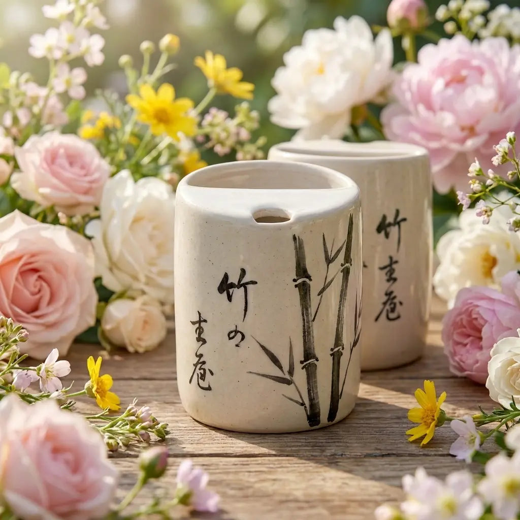 Zen Bamboo Calligraphy Ceramic Mug Set | Handmade Japanese Tea & Coffee Cups Siporia