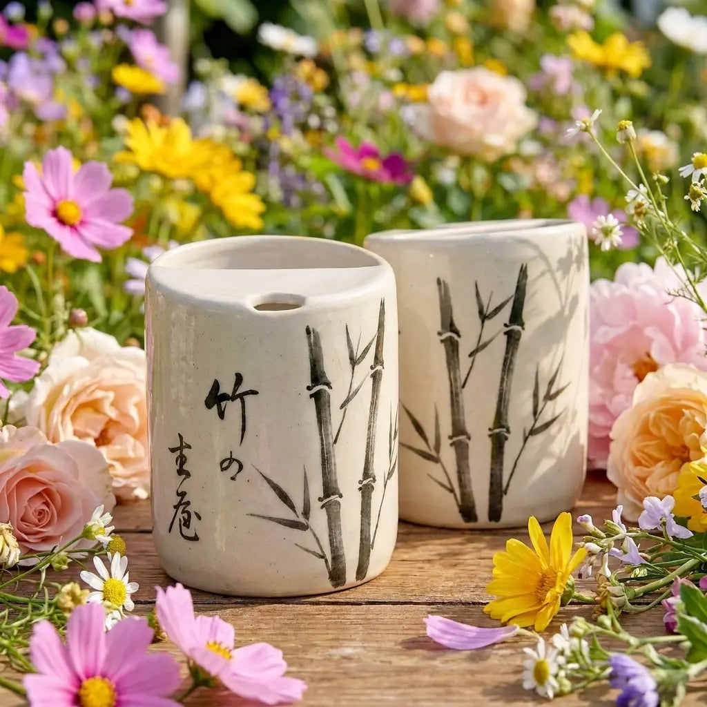Zen Bamboo Calligraphy Ceramic Mug Set | Handmade Japanese Tea & Coffee Cups Siporia