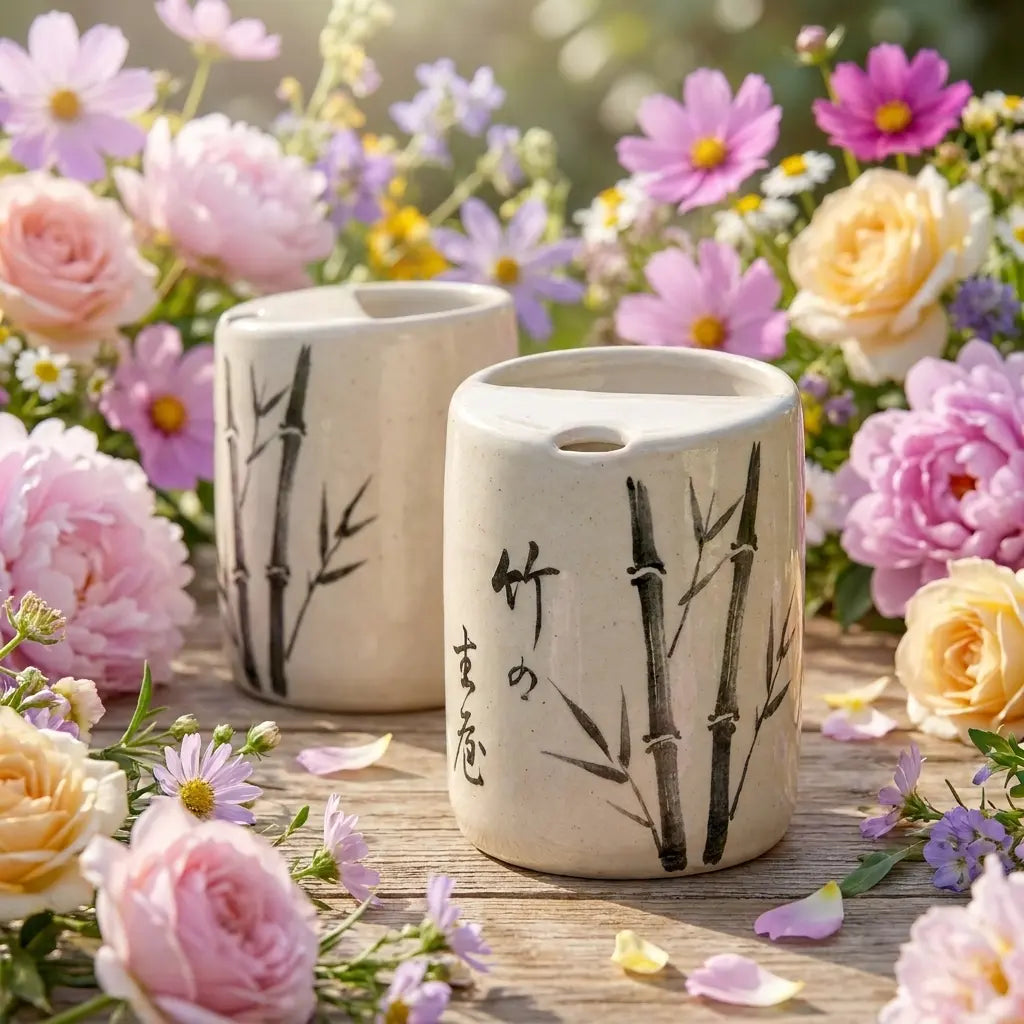 Zen Bamboo Calligraphy Ceramic Mug Set | Handmade Japanese Tea & Coffee Cups Siporia
