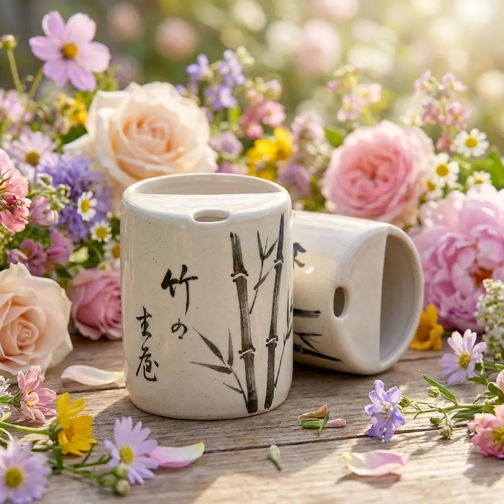 Zen Bamboo Calligraphy Ceramic Mug Set | Handmade Japanese Tea & Coffee Cups Siporia