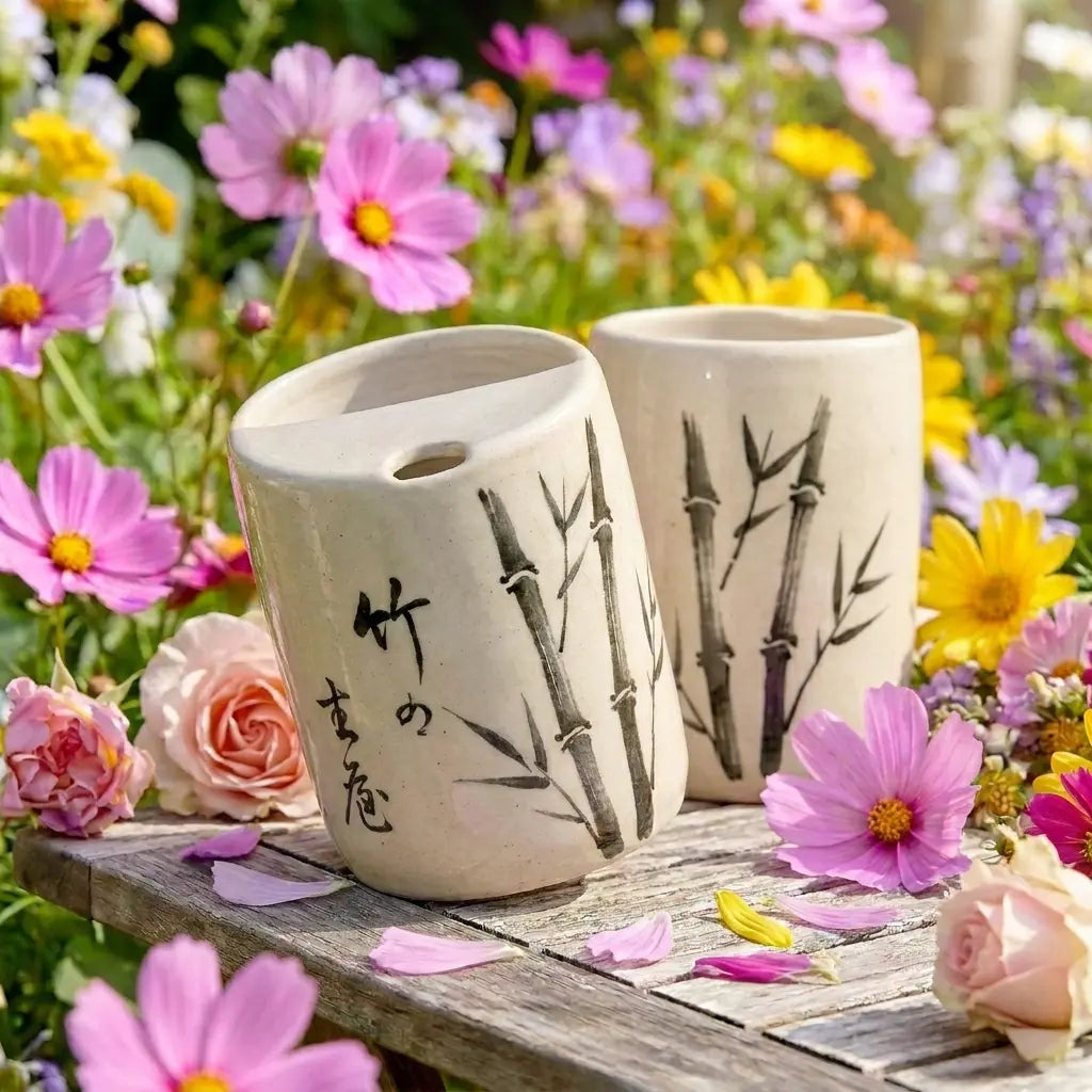 Zen Bamboo Calligraphy Ceramic Mug Set | Handmade Japanese Tea & Coffee Cups Siporia