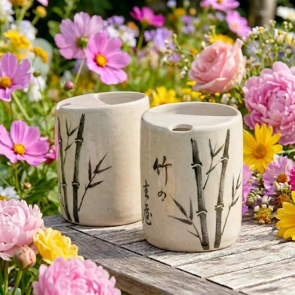Zen Bamboo Calligraphy Ceramic Mug Set | Handmade Japanese Tea & Coffee Cups Siporia