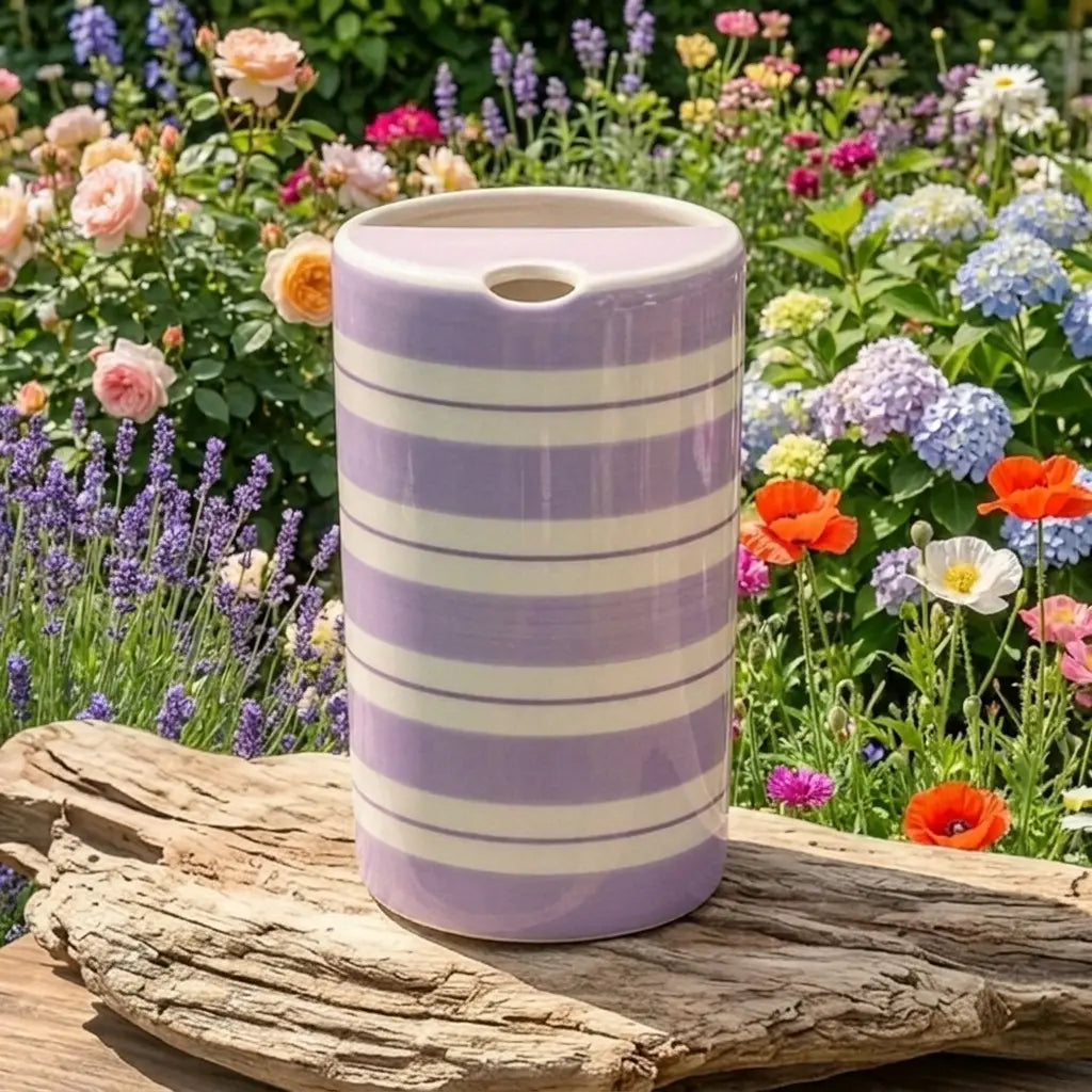 Lavender Striped Ceramic Travel Mug – Handmade Coffee Tumbler, Minimalist Aesthetic Cup, Leak-Free Sip Mug Siporia