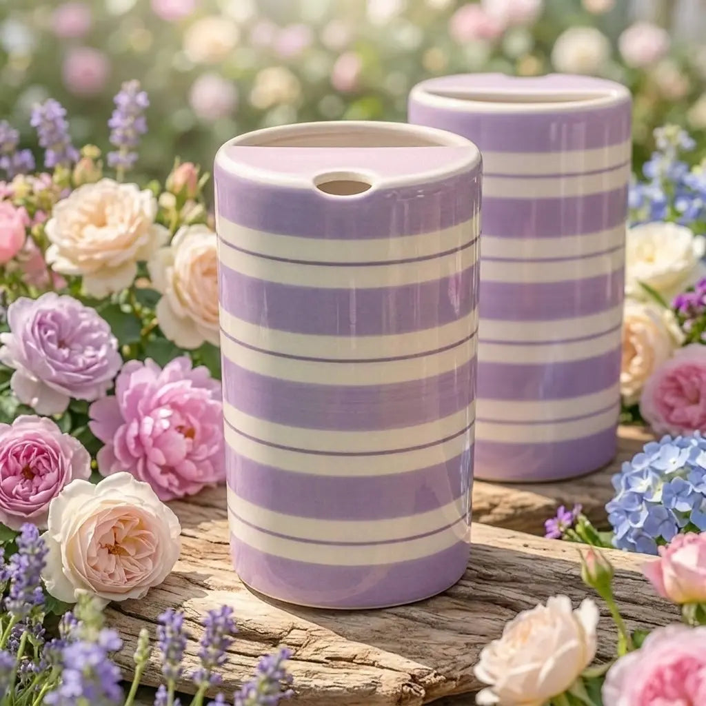 Lavender Striped Ceramic Travel Mug – Handmade Coffee Tumbler, Minimalist Aesthetic Cup, Leak-Free Sip Mug Siporia