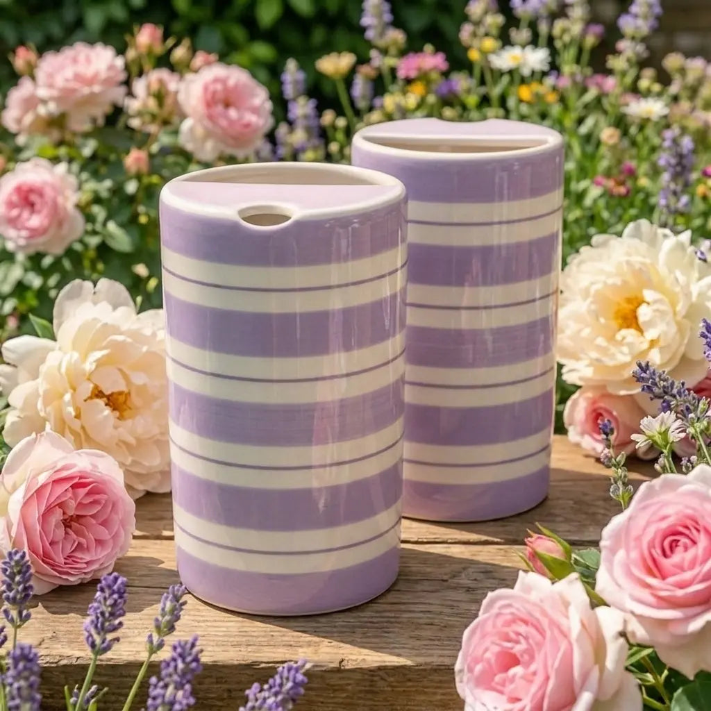 Lavender Striped Ceramic Travel Mug – Handmade Coffee Tumbler, Minimalist Aesthetic Cup, Leak-Free Sip Mug Siporia