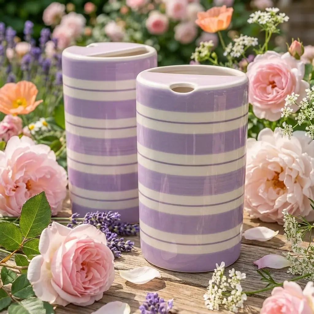 Lavender Striped Ceramic Travel Mug – Handmade Coffee Tumbler, Minimalist Aesthetic Cup, Leak-Free Sip Mug Siporia