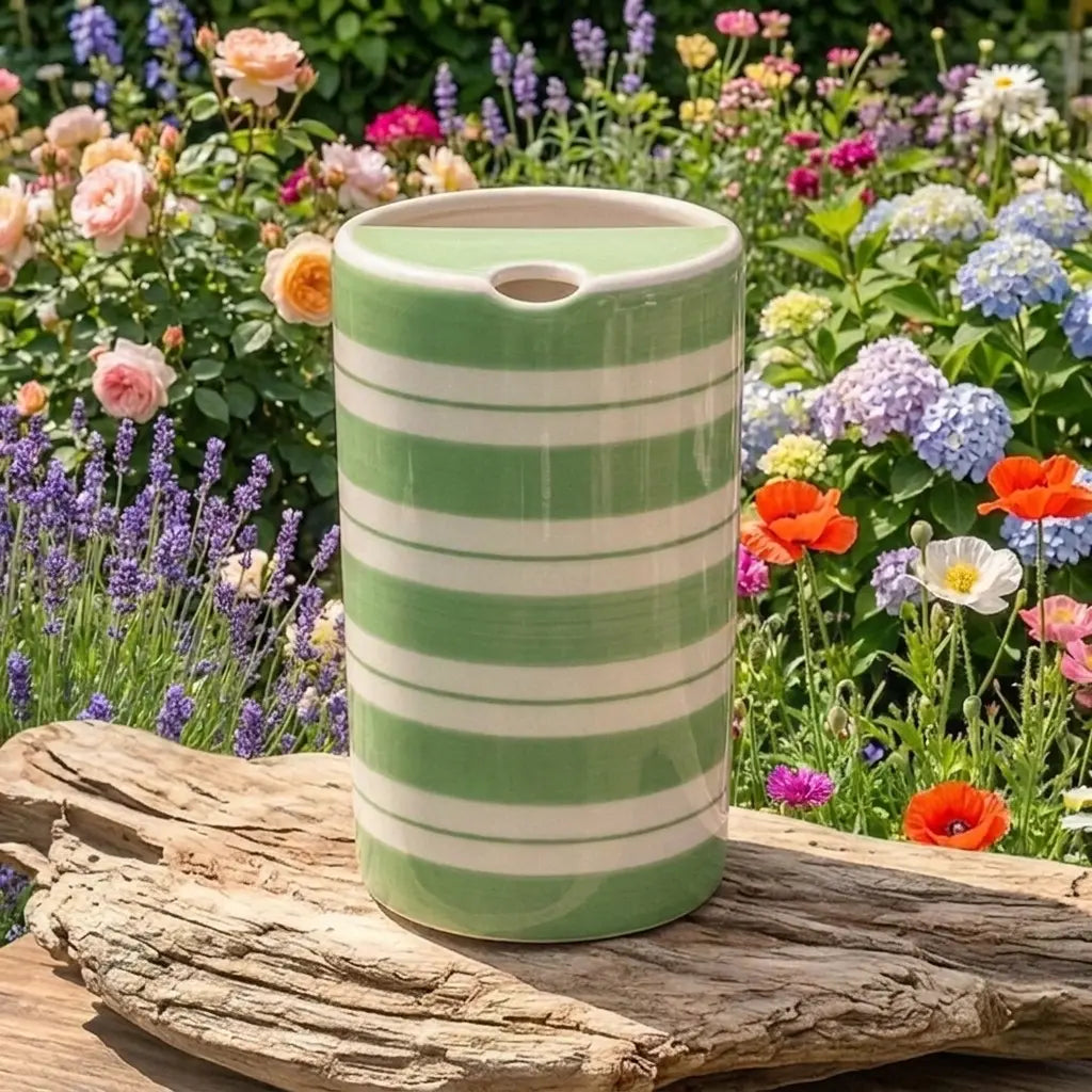 Green Striped Ceramic Travel Mug – Handmade Coffee Tumbler, Minimalist Aesthetic Cup, Leak-Free Sip Mug Siporia