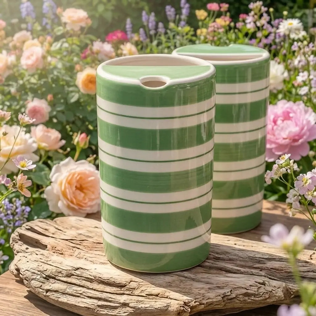 Green Striped Ceramic Travel Mug – Handmade Coffee Tumbler, Minimalist Aesthetic Cup, Leak-Free Sip Mug Siporia