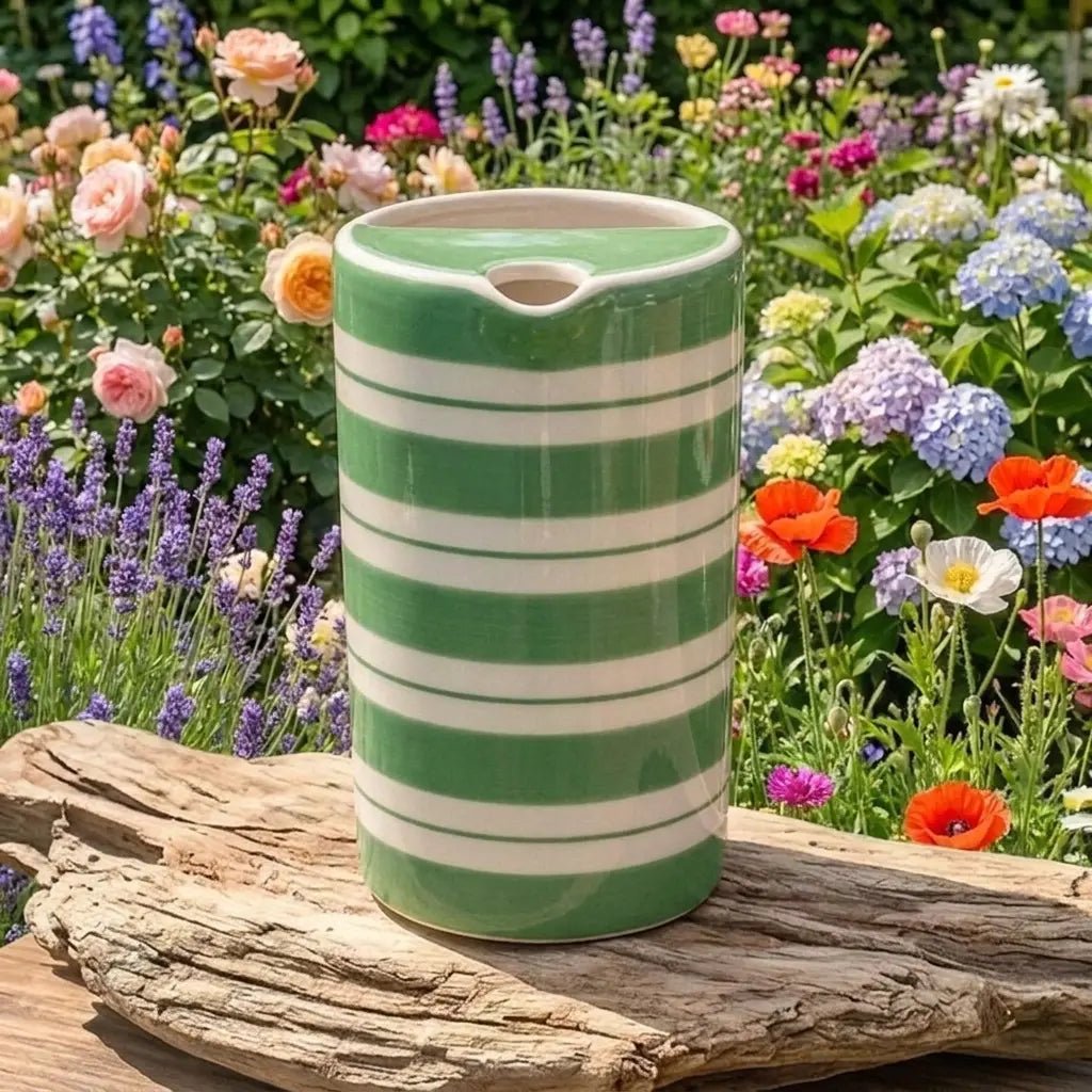 Green Striped Ceramic Travel Mug – Handmade Coffee Tumbler, Minimalist Aesthetic Cup, Leak-Free Sip Mug Siporia