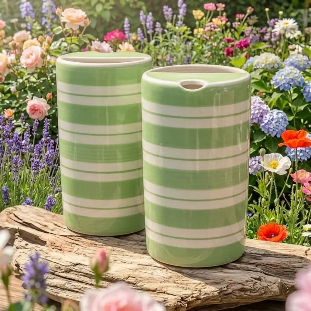Green Striped Ceramic Travel Mug – Handmade Coffee Tumbler, Minimalist Aesthetic Cup, Leak-Free Sip Mug Siporia