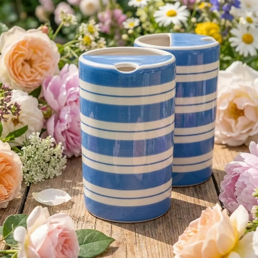 Blue Striped Ceramic Travel Mug – Handmade Coffee Tumbler, Minimalist Aesthetic Cup, Leak-Free Sip Mug Siporia
