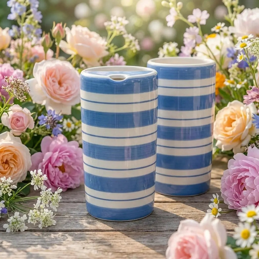 Blue Striped Ceramic Travel Mug – Handmade Coffee Tumbler, Minimalist Aesthetic Cup, Leak-Free Sip Mug Siporia