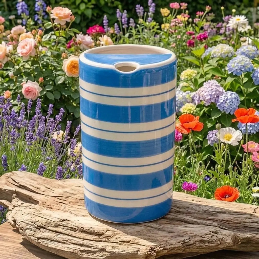 Blue Striped Ceramic Travel Mug – Handmade Coffee Tumbler, Minimalist Aesthetic Cup, Leak-Free Sip Mug Siporia