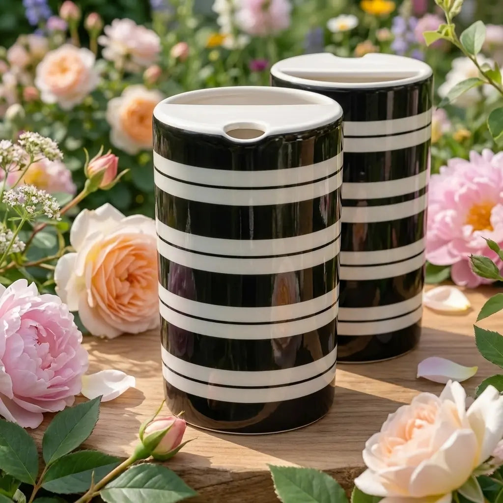 Handmade Ceramic Travel Mug with Spout – Striped Coffee Tumbler, Leak-Free Sip Cup, Unique Gift for Her Siporia