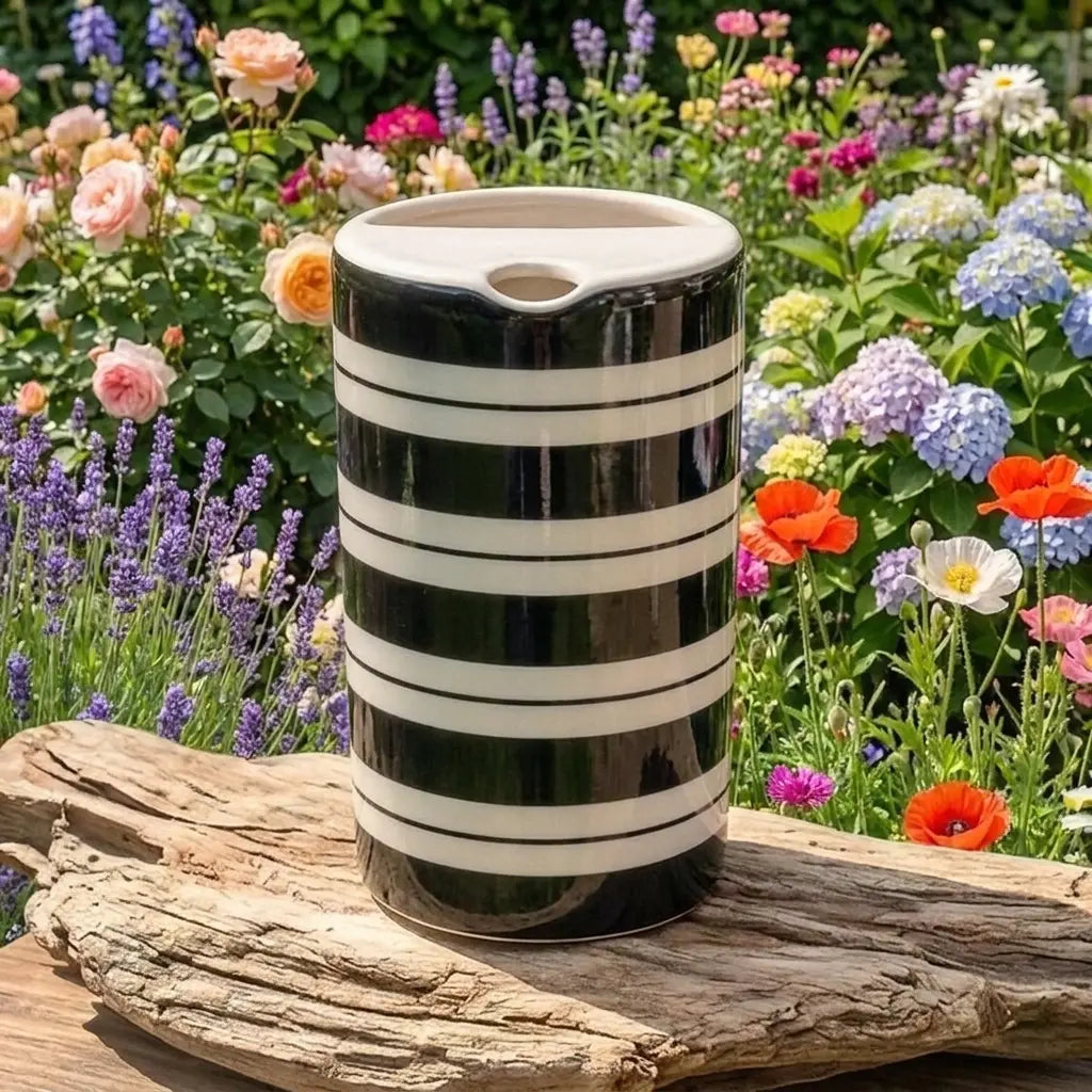 Handmade Ceramic Travel Mug with Spout – Striped Coffee Tumbler, Leak-Free Sip Cup, Unique Gift for Her Siporia