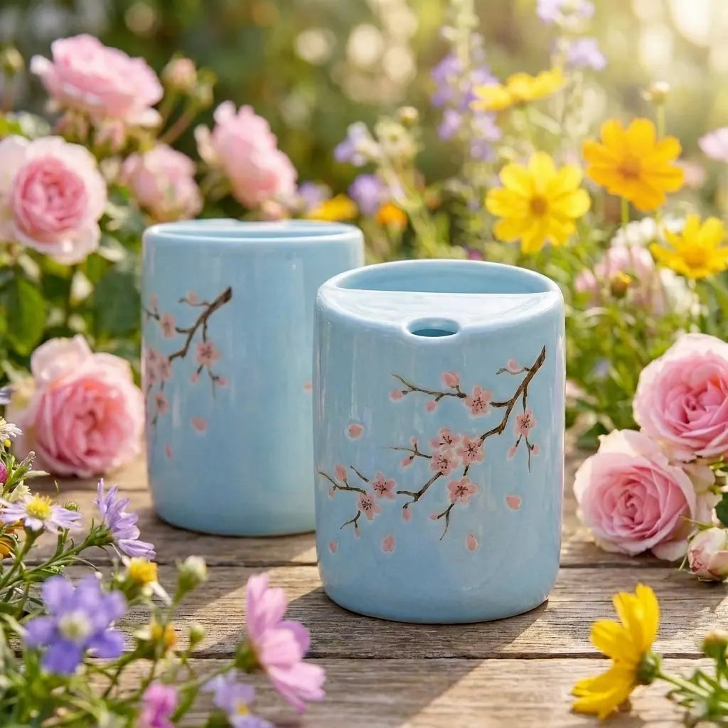Cherry Blossom Ceramic Mug | Handmade Sakura Tea & Coffee Cup (Blue Base) Siporia