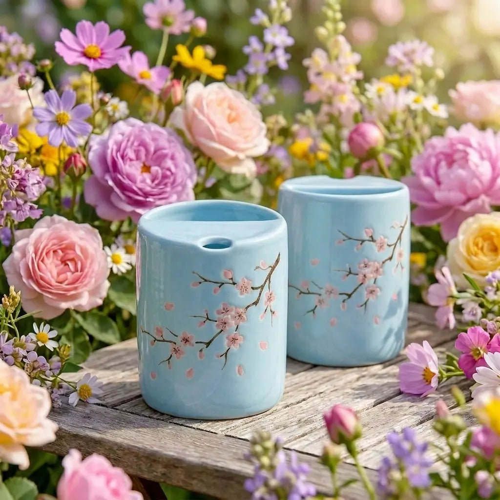 Cherry Blossom Ceramic Mug | Handmade Sakura Tea & Coffee Cup (Blue Base) Siporia