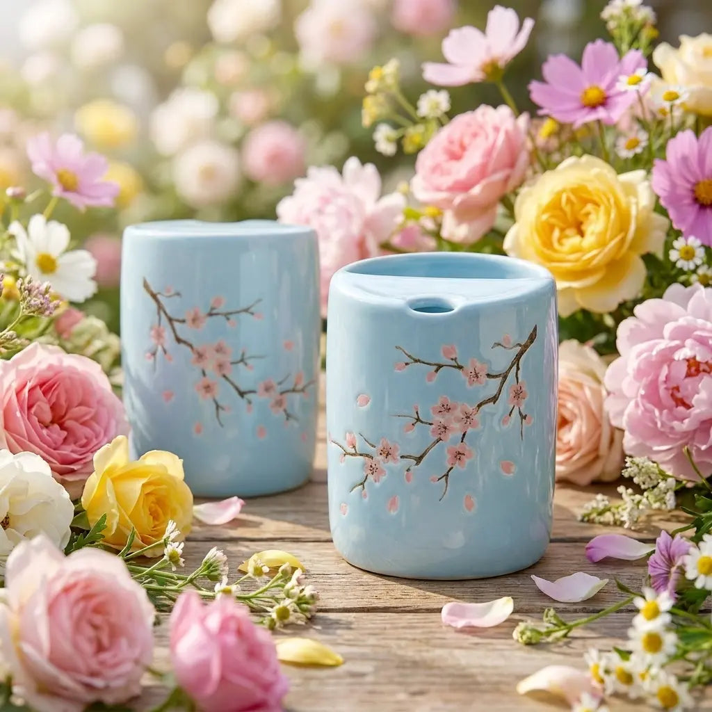 Cherry Blossom Ceramic Mug | Handmade Sakura Tea & Coffee Cup (Blue Base) Siporia
