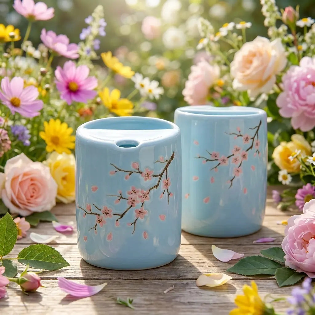 Cherry Blossom Ceramic Mug | Handmade Sakura Tea & Coffee Cup (Blue Base) Siporia