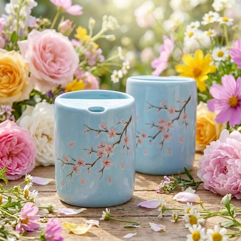 Cherry Blossom Ceramic Mug | Handmade Sakura Tea & Coffee Cup (Blue Base) Siporia