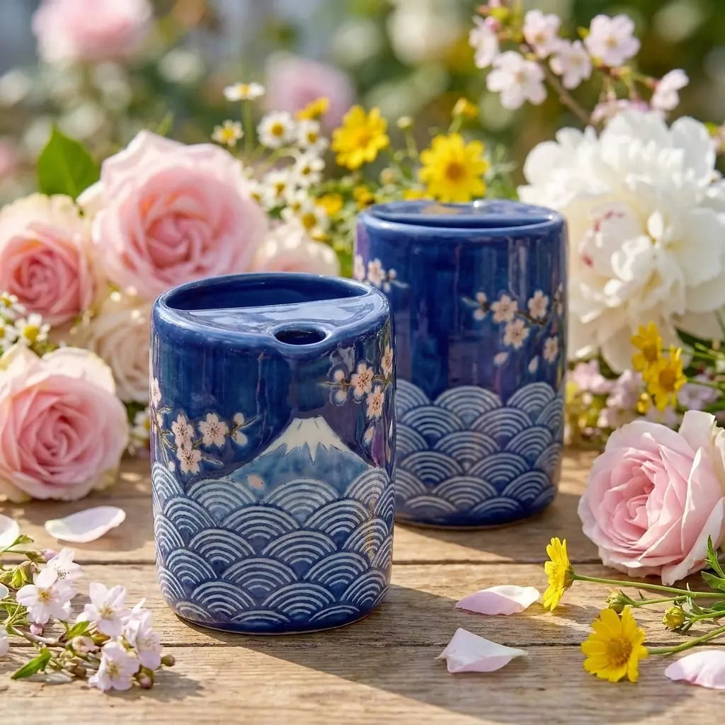 Mount Fuji Sakura Night Ceramic Mug Set | Handmade Japanese Tea & Coffee Cups Siporia