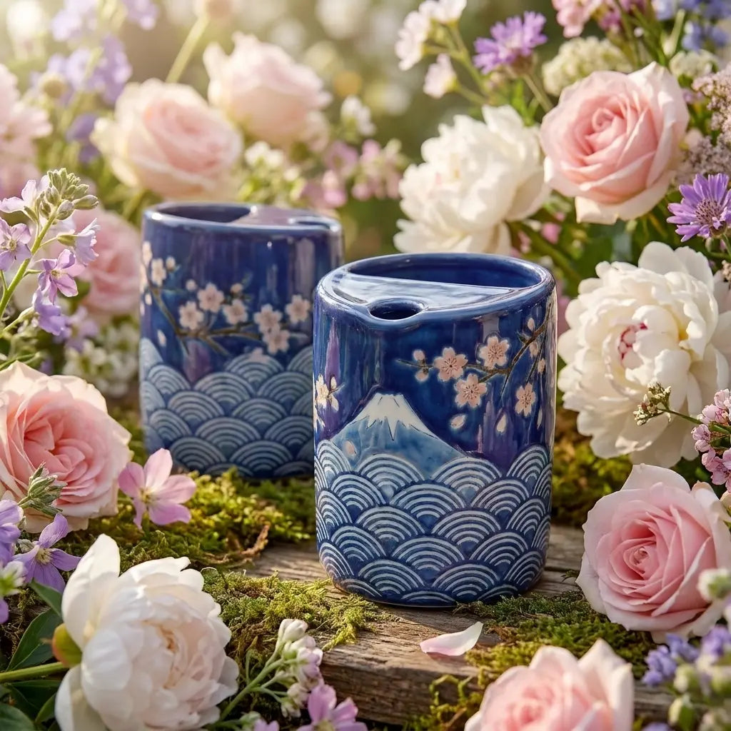 Mount Fuji Sakura Night Ceramic Mug Set | Handmade Japanese Tea & Coffee Cups Siporia