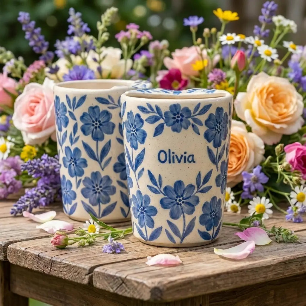 Personalized Blue Floral Ceramic Mug | Custom Name Coffee & Tea Cup Siporia