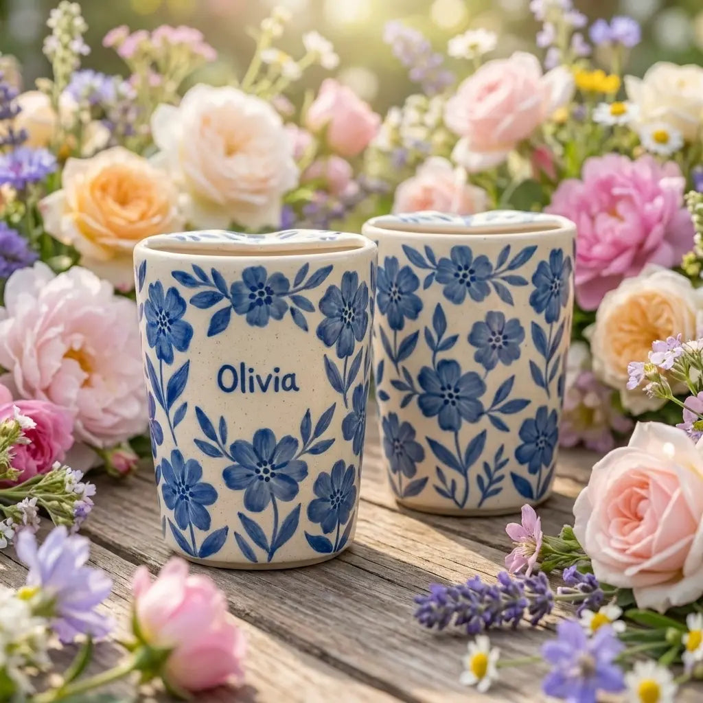 Personalized Blue Floral Ceramic Mug | Custom Name Coffee & Tea Cup Siporia