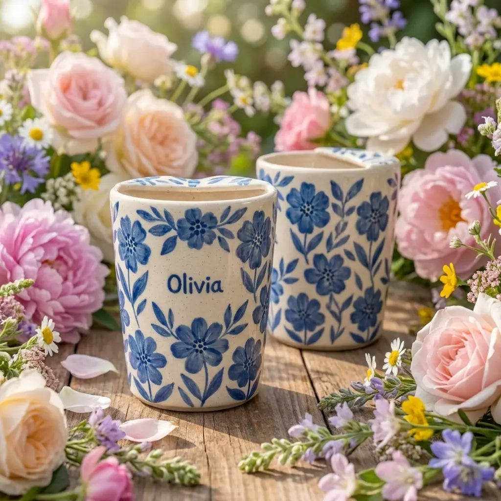 Personalized Blue Floral Ceramic Mug | Custom Name Coffee & Tea Cup Siporia