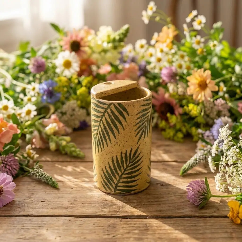Tropical Palm Leaf Stoneware Mug | Handmade Botanical Ceramic Coffee Cup Siporia