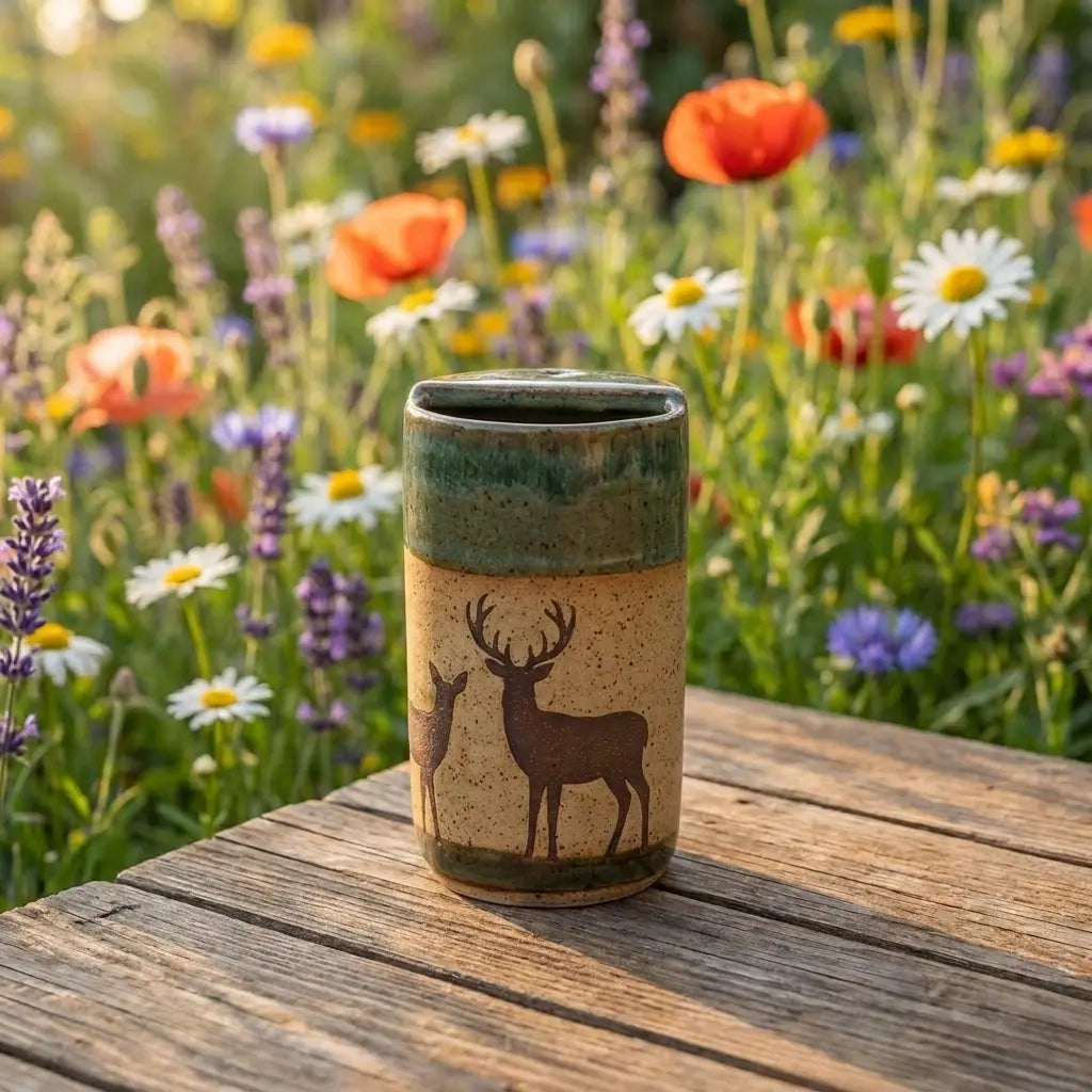 Woodland Deer Stoneware Mug | Rustic Forest Handmade Ceramic Coffee Cup Siporia
