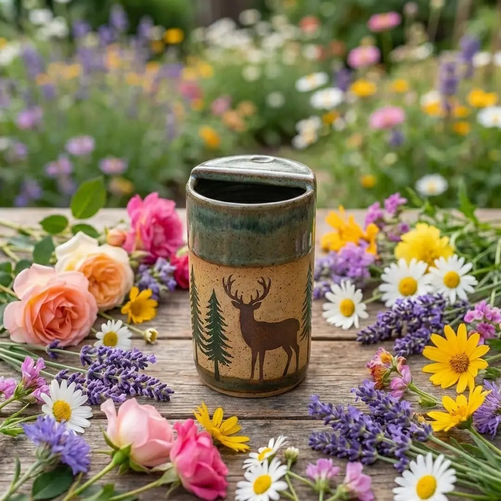 Woodland Deer Stoneware Mug | Rustic Forest Handmade Ceramic Coffee Cup Siporia