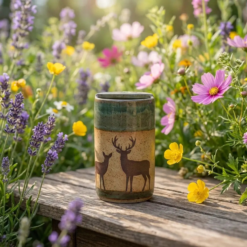Woodland Deer Stoneware Mug | Rustic Forest Handmade Ceramic Coffee Cup Siporia