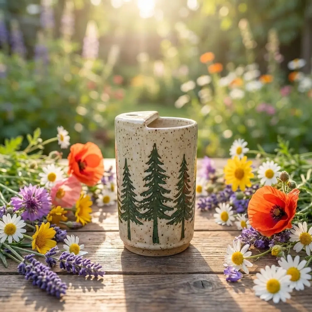 Evergreen Forest Stoneware Mug | Rustic Pine Tree Handmade Ceramic Coffee Cup Siporia