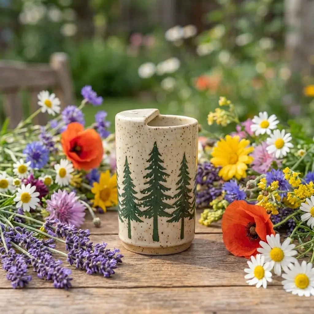 Evergreen Forest Stoneware Mug | Rustic Pine Tree Handmade Ceramic Coffee Cup Siporia