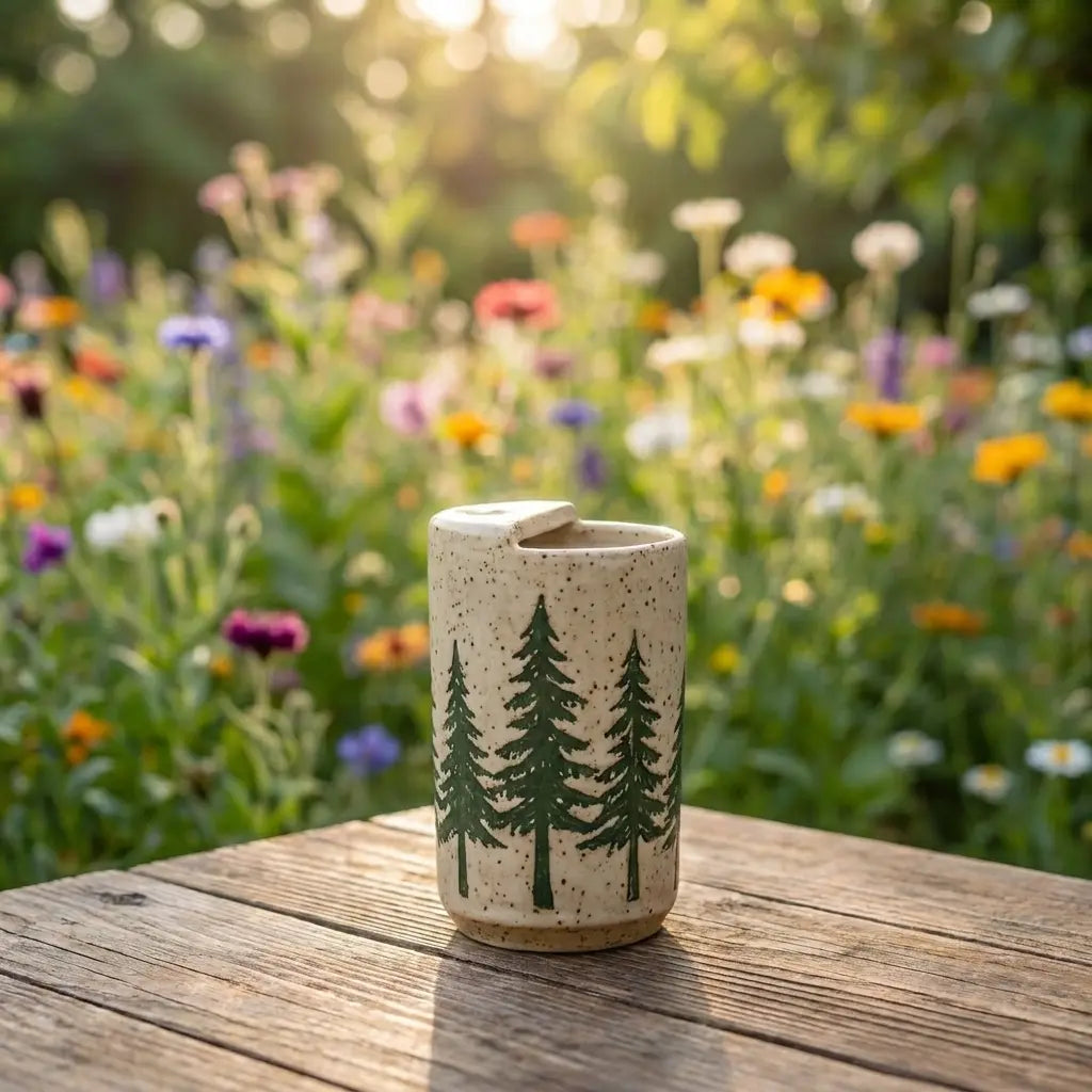 Evergreen Forest Stoneware Mug | Rustic Pine Tree Handmade Ceramic Coffee Cup Siporia