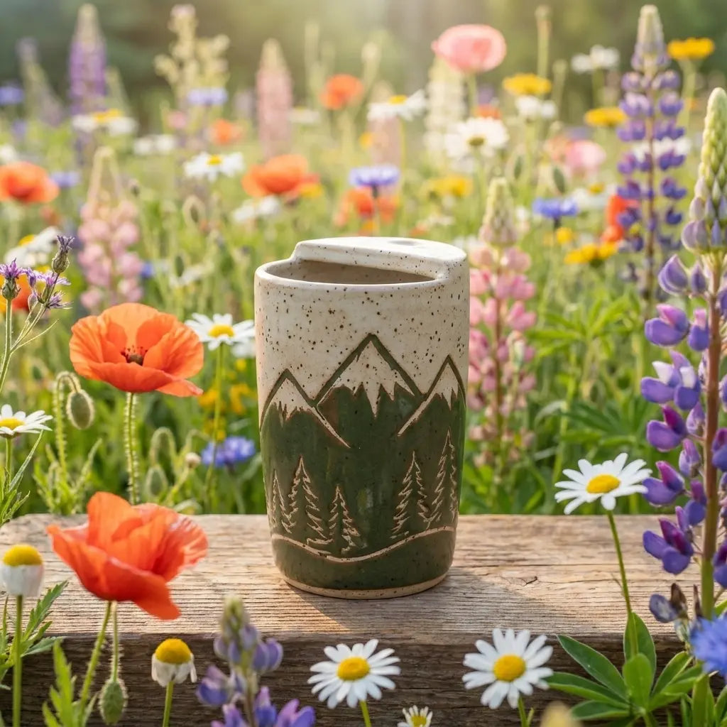 Mountain Forest Stoneware Mug | Rustic Handmade Ceramic Coffee & Tea Cup Siporia