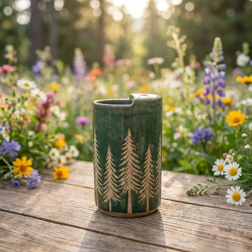 Evergreen Pines Stoneware Mug | Forest Green Handmade Ceramic Coffee Cup Siporia