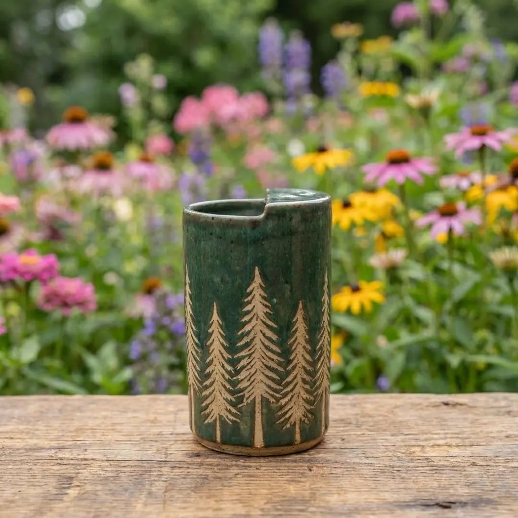 Evergreen Pines Stoneware Mug | Forest Green Handmade Ceramic Coffee Cup Siporia
