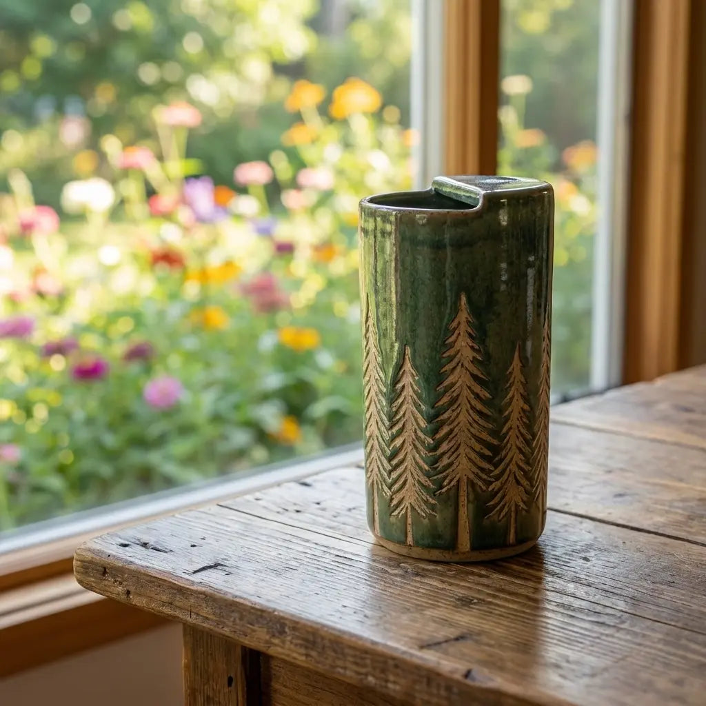 Evergreen Pines Stoneware Mug | Forest Green Handmade Ceramic Coffee Cup Siporia