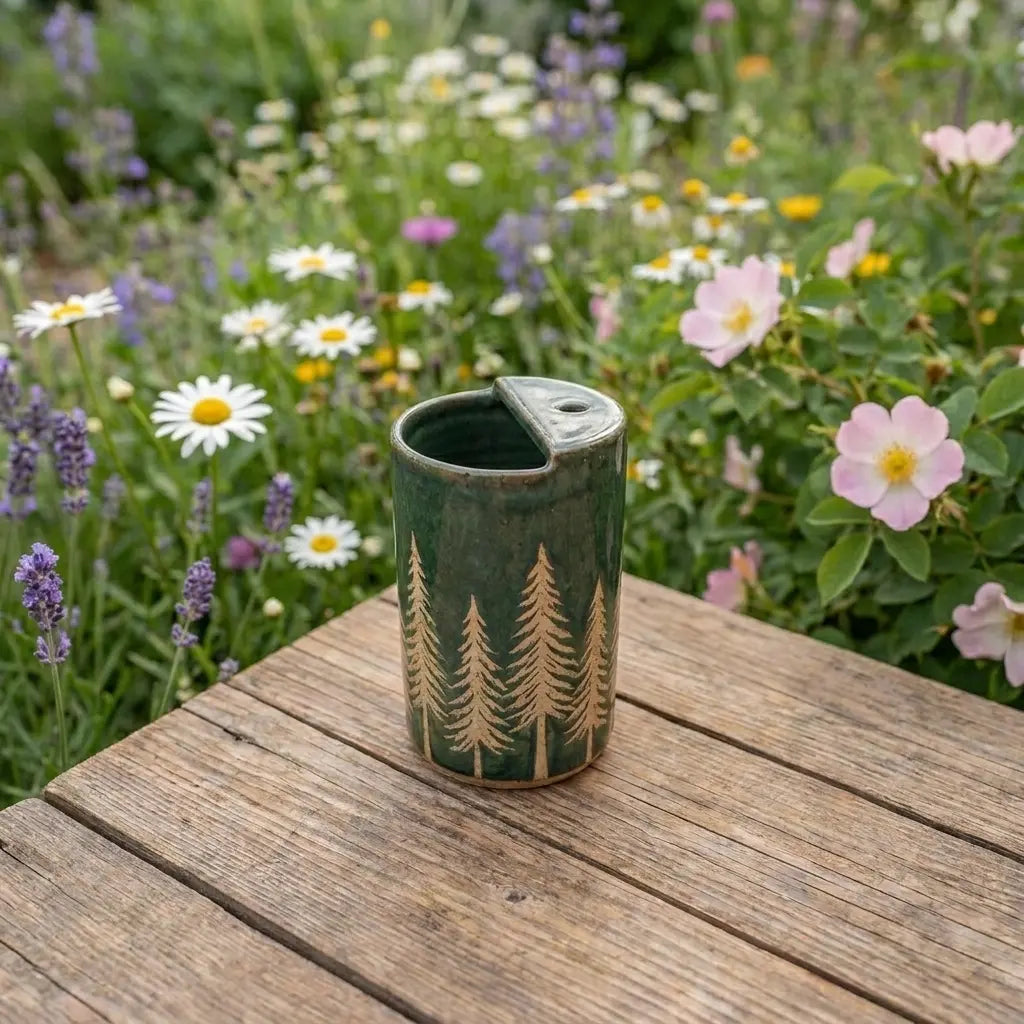Evergreen Pines Stoneware Mug | Forest Green Handmade Ceramic Coffee Cup Siporia