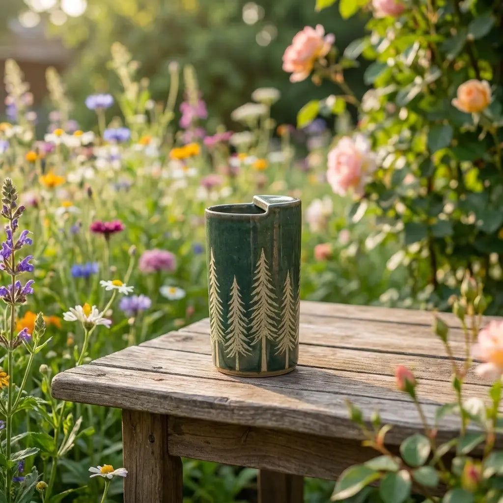 Evergreen Pines Stoneware Mug | Forest Green Handmade Ceramic Coffee Cup Siporia