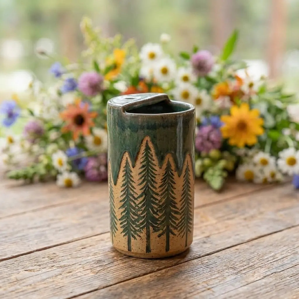 Evergreen Forest Ceramic Mug | Rustic Pine Tree Stoneware Coffee Cup Siporia